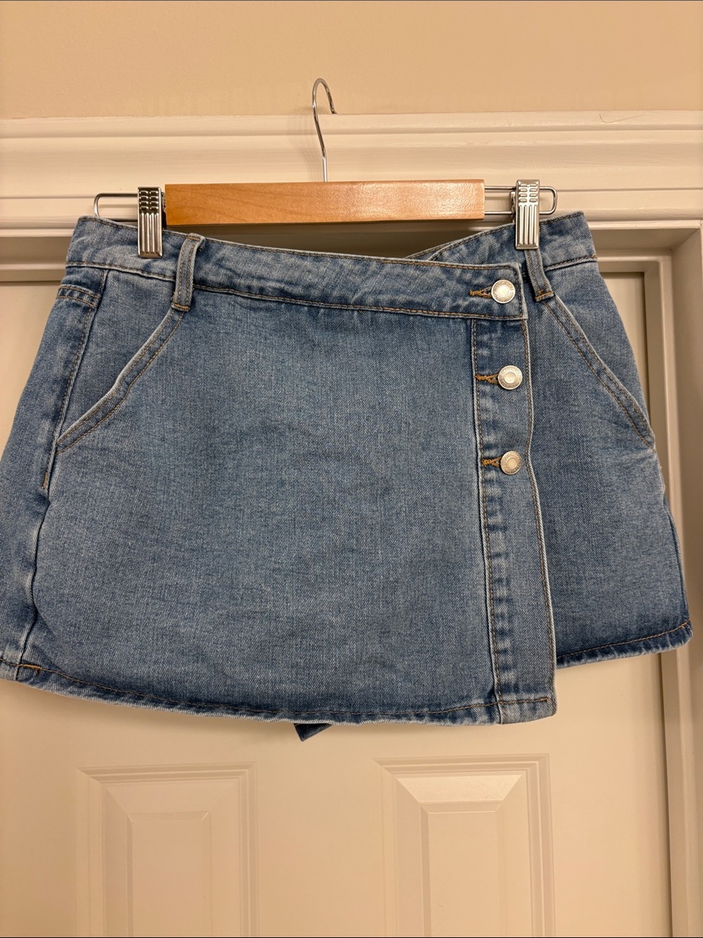 Denim Wrap Mini Skort in Light Blue